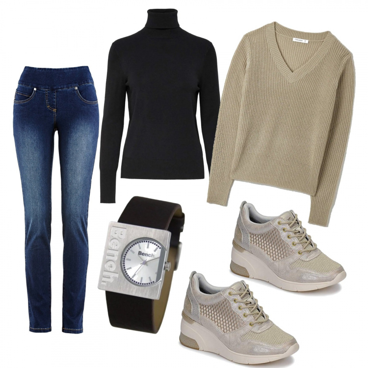 Outfit donna - Casual!. Stile Trendy per Tutti i giorni. Abbinamento con jeans slim fit, maglieria, maglioni, sneakers, orologi.