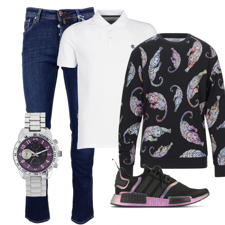 Outfit uomo - Jeans e felpa. Stile Urban Abbinamento con polo, sneakers, felpe, jeans, orologi analogici.