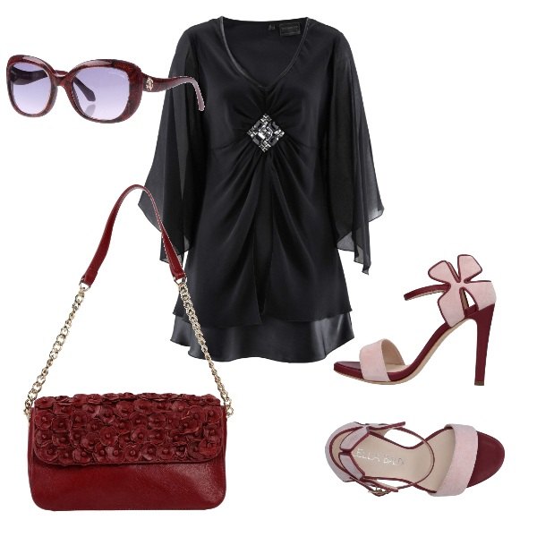 Outfit donna - Chic. Stile Chic per Serata fuori. Abbinamento con tuniche, occhiali da sole fantasia effetto laminato montatura in plastica.