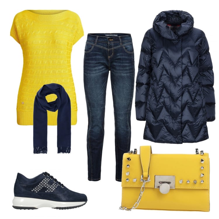Outfit donna - Urban #29687. Stile Urban per Tutti i giorni. Abbinamento con jeans boyfriend, borse a tracolla, piumini, pullovers, sciarpe, sneakers.