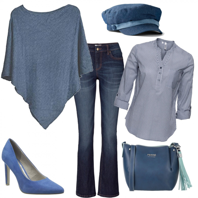 Outfit donna - Casual low cost. Stile Trendy per Tutti i giorni. Abbinamento con tuniche, jeans bootcut, cappelli con visiera, borse a tracolla, cappotti, scarpe col tacco.