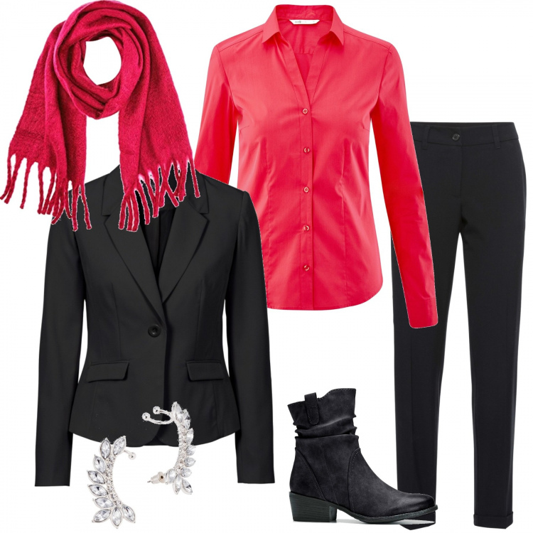 Outfit donna - Rosso frizzante. Stile Trendy per Tutti i giorni. Abbinamento con stivaletti texani, blazer, pantaloni, orecchini, camicie, sciarpe.