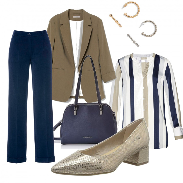 Outfit donna - Colloquio di lavoro. Stile Basic per Ufficio. Abbinamento con pantaloni, camicie, orecchini, scarpe col tacco, blazer, borse a tracolla.