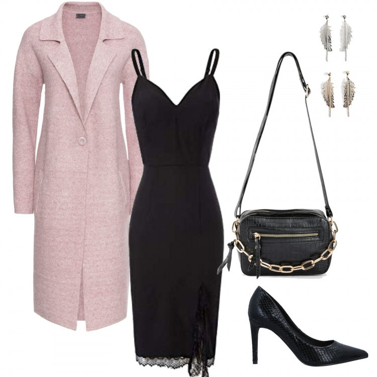 Outfit donna - Elegant mood. Stile Chic per Serata fuori. Abbinamento con cappotti, borse a tracolla, orecchini, décolleté, vestiti a tubino.