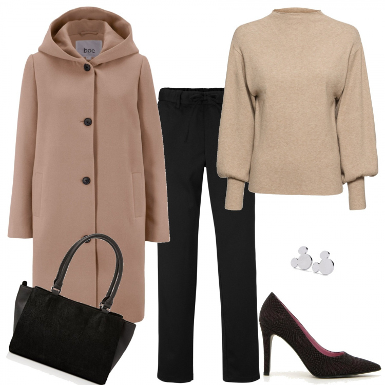 Outfit donna - Stile casual. Stile Urban per Tutti i giorni. Abbinamento con maglieria, cappotti, pantaloni, orecchini, décolleté, pochette.