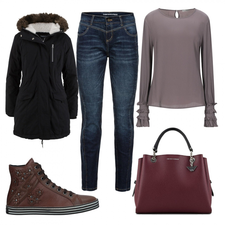 Outfit donna - Basic #42472. Stile Basic per Tutti i giorni. Abbinamento con jeans boyfriend, parka, sneakers alte, bluse, shopping bag.