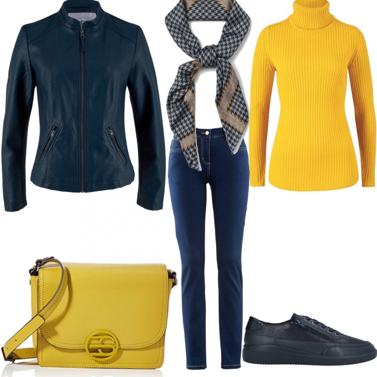Outfit donna - Semplicemente Basic& Curvy-Focus. Stile Basic per Ufficio. Abbinamento con jeans dritti, giacche sportive, maglioni, sneakers, sciarpe, borse a tracolla.