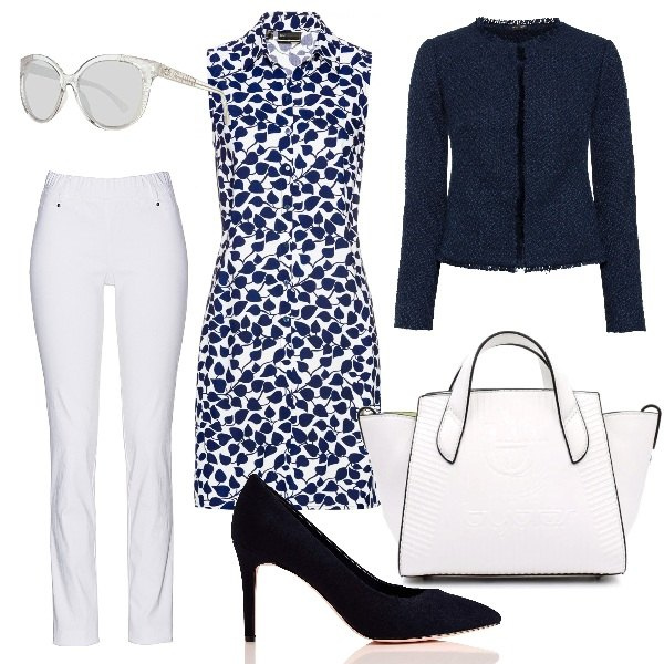Outfit donna - Tres chic. Stile Chic per Ufficio. Abbinamento con pantaloni, camicie, blazer, borse a mano, scarpe col tacco, occhiali da sole.