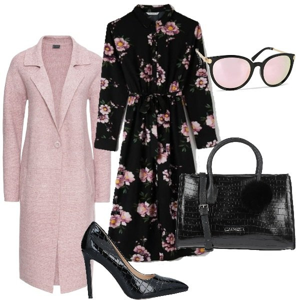Outfit donna - Chemisier a fiori. Stile Chic per Ufficio. Abbinamento con cappotti, borse a mano, décolleté, vestiti lunghi, occhiali da sole.