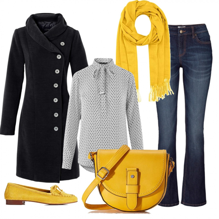 Outfit donna - Tocco di giallo. Stile Urban per Tutti i giorni. Abbinamento con jeans bootcut, cappotti, camicie, borse a tracolla, mocassini, sciarpe.