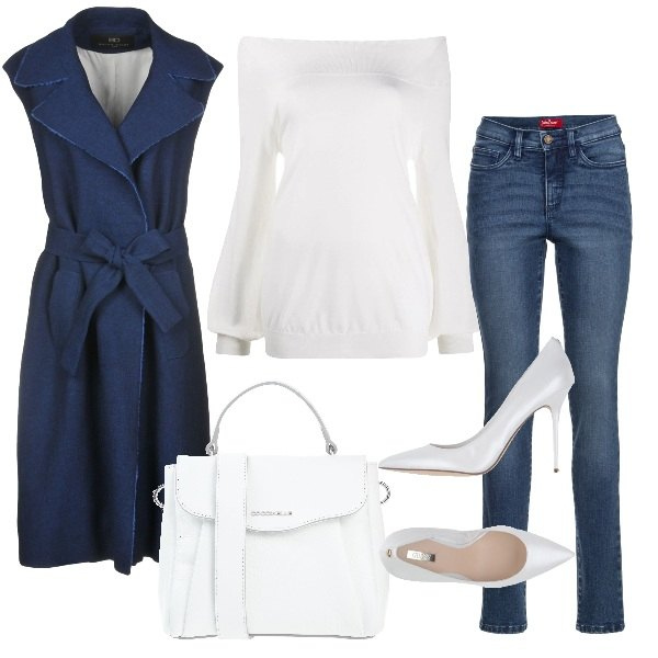 Outfit donna - Bianco in autunno. Stile Trendy per Ufficio. Abbinamento con jeans slim fit, cappotti, décolleté, borse a mano, maglioni.