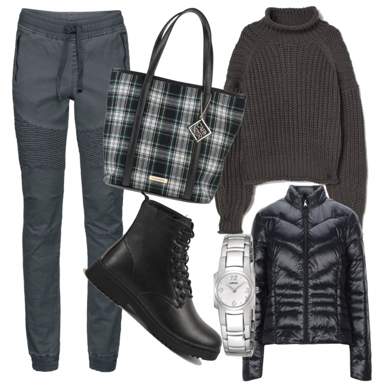 Outfit donna - Urban style. Stile Urban per Tutti i giorni. look ideale per Tall. Abbinamento con pantaloni sportivi, piumini, borse a mano, stivaletti, pullovers, orologi.