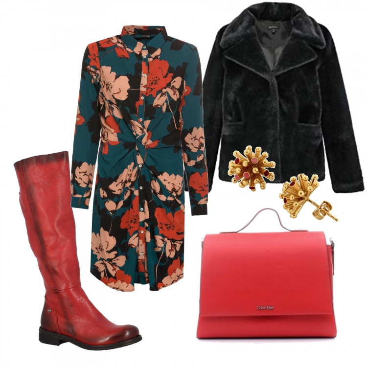 Outfit donna - Mela. per Tutti i giorni. Abbinamento con vestiti, stivali sopra il ginocchio, borse a cartella, blazer, orecchini.