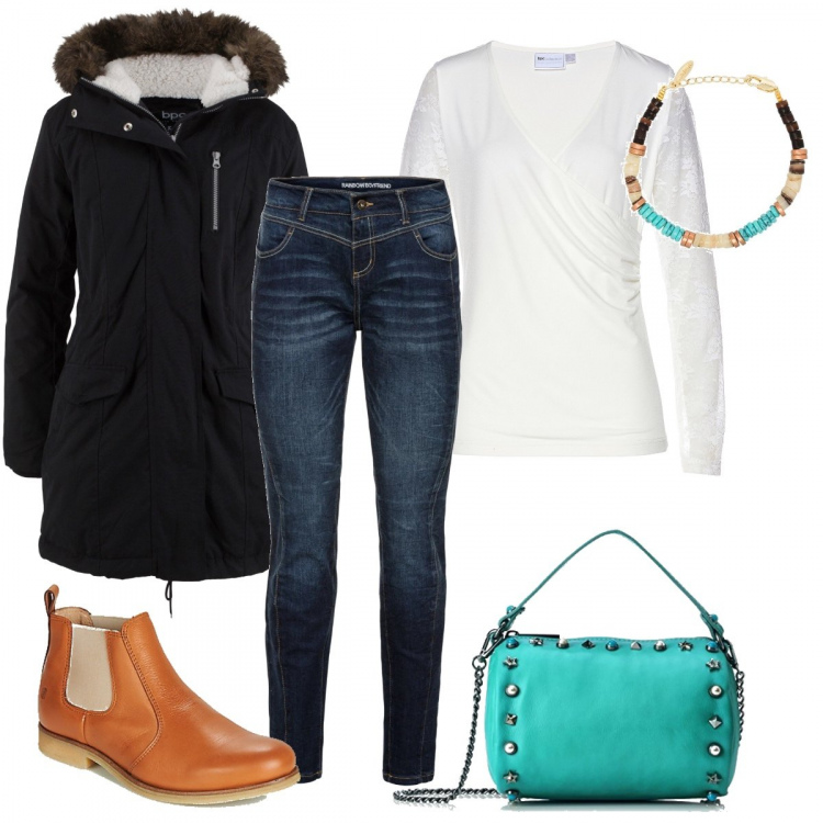 Outfit donna - Cold etnic. Stile Etnico per Tutti i giorni. Abbinamento con jeans boyfriend, parka, pullovers, stivaletti, braccialetti, borse a mano.
