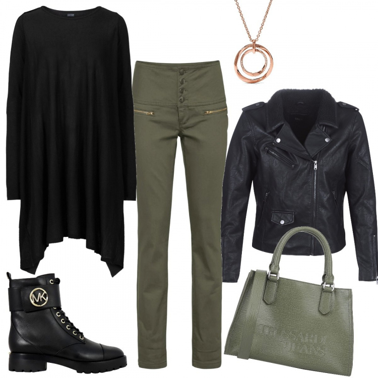 Outfit donna - Urban #29784. Stile Urban per Tutti i giorni. Abbinamento con borse a mano, maglieria, pantaloni, blazer, ciondoli, stivaletti.