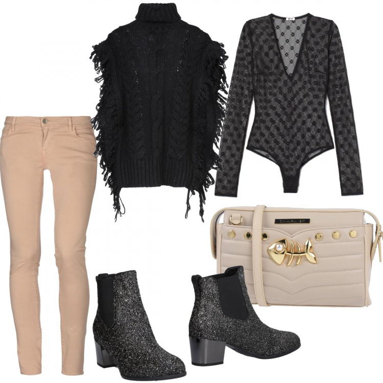 Outfit donna - Cena informale. Stile Trendy per Serata fuori. Abbinamento con stivaletti chelsea, pantaloni, borse a tracolla, cappe, body.