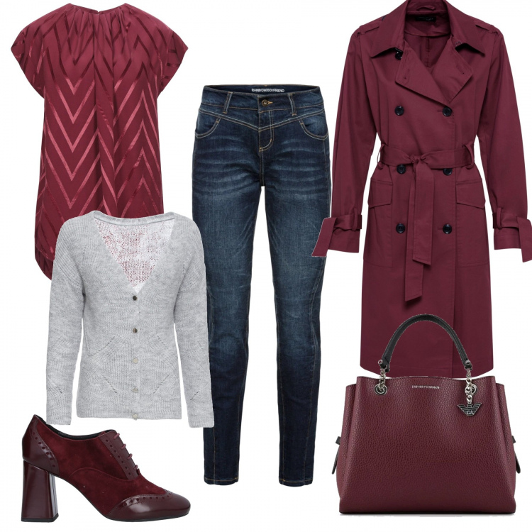 Outfit donna - Trendy #79872. Stile Trendy per Tutti i giorni. Abbinamento con jeans boyfriend, cardigans, trench, bluse, scarpe stringate, shopping bag.