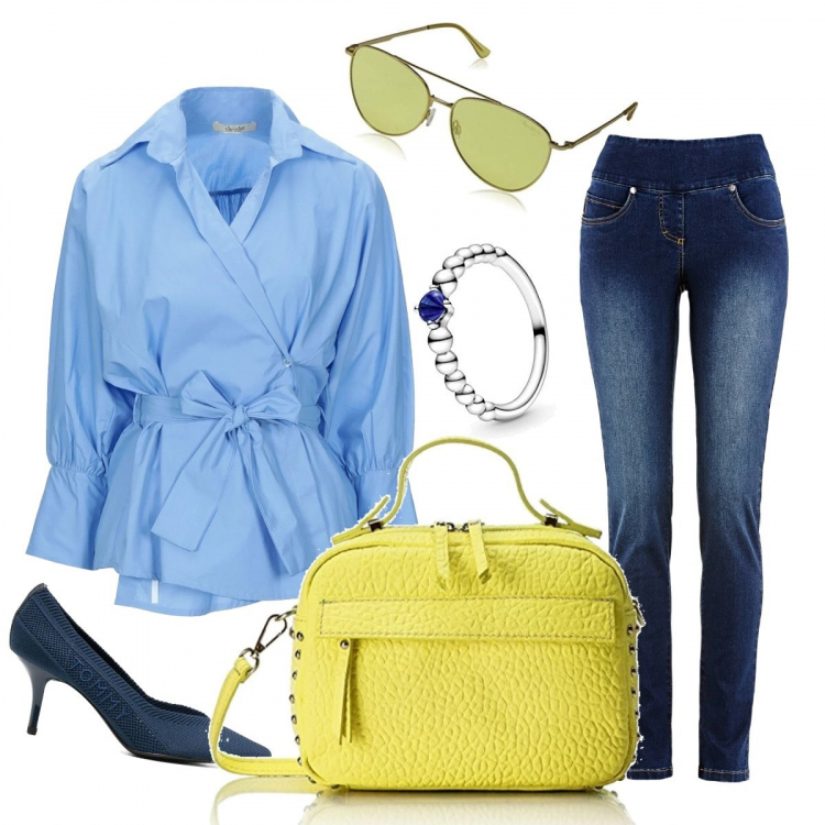 Outfit donna - Bon Ton #32615. Stile Bon Ton per Serata fuori. Abbinamento con jeans slim fit, camicie, décolleté, borse a mano, occhiali da sole, anelli.