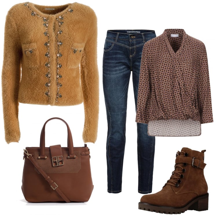Outfit donna - Trendy #79874. Stile Trendy per Tutti i giorni. Abbinamento con jeans boyfriend, bluse, cardigans, borse a mano, stivaletti.