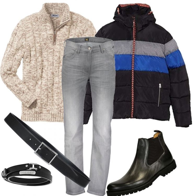 Outfit uomo - Esco con il freddo. Stile Urban per Tutti i giorni. Abbinamento con maglieria, cinture, stivali e stivaletti, jeans, braccialetti, cappotti.