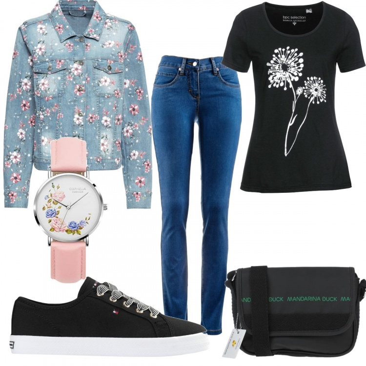 Outfit donna - Basic in jeans. Stile Basic per Tutti i giorni. Abbinamento con jeans dritti, giacche, t-shirt, borse a tracolla, sneakers, orologi.