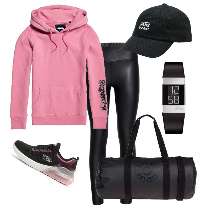 Outfit donna - Vado in palestra. Stile Basic per Sport. Abbinamento con leggings, borse sportive, cappelli con visiera, felpe con cappuccio, sneakers, orologi digitali.