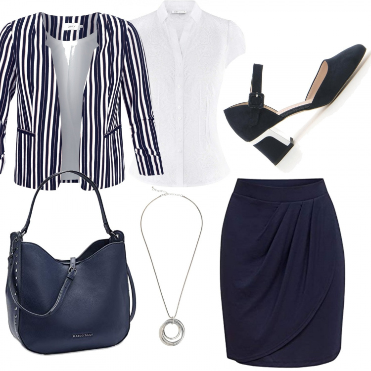 Outfit donna - #blue&white. Stile Bon Ton per Ufficio. Abbinamento con collane, giacche, gonne, borse a tracolla, décolleté, camicie a manica corta.