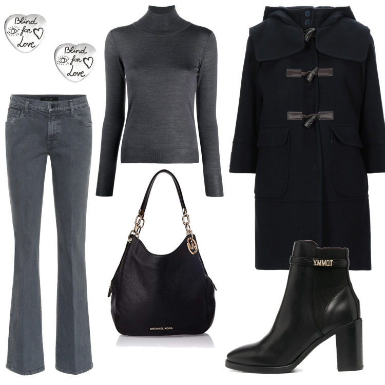 Outfit donna - Giornate piovose. Stile Basic per Tutti i giorni. Abbinamento con cappotti, orecchini, maglioni, stivaletti, borse tote, jeans a zampa.