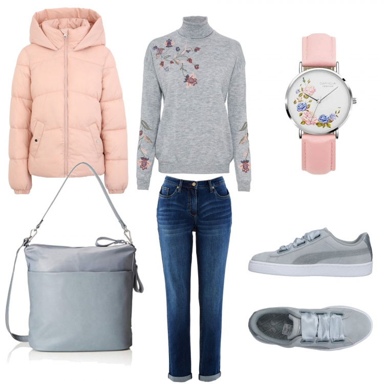 Outfit donna - Flower. Stile Basic per Tutti i giorni. Abbinamento con pantaloni, jeans boyfriend, piumini, sneakers, borse a mano, orologi.