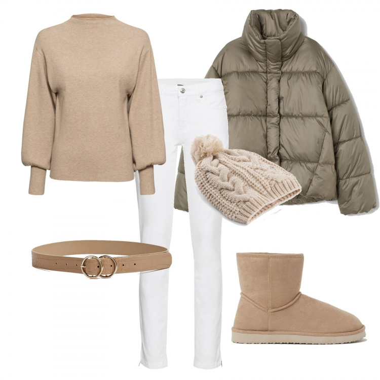 Outfit donna - Sfumature light. Stile Urban per Tutti i giorni. Abbinamento con maglieria, jeans skinny, berretti, cinture, piumini, stivaletti.