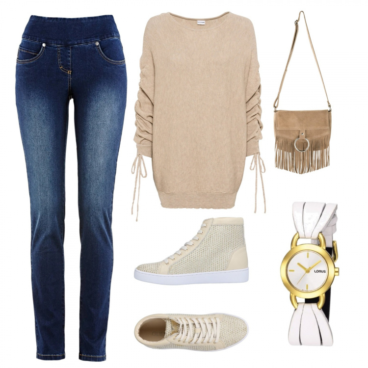 Outfit donna - Trendy nel tempo libero!. Stile Trendy per Tutti i giorni. Abbinamento con jeans slim fit, maglieria, borse a tracolla, sneakers alte, orologi.