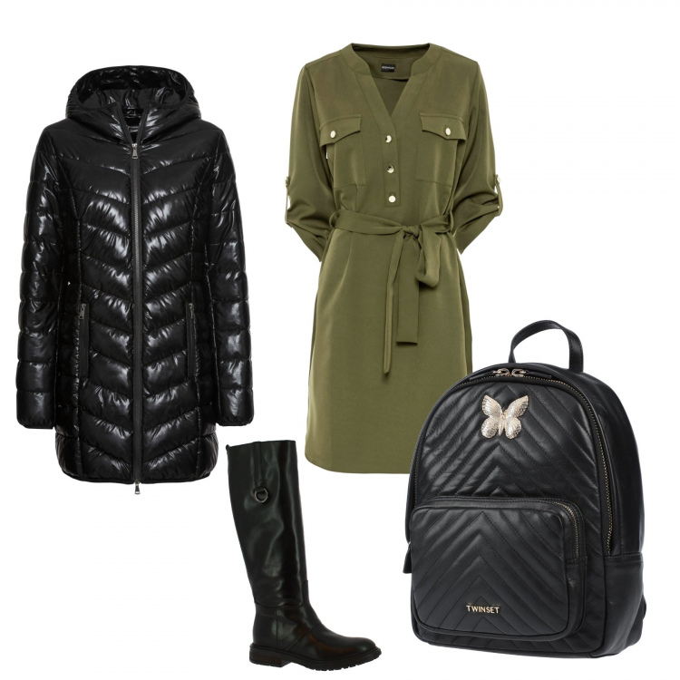 Outfit donna - Urban #29850. Stile Urban per Ufficio. Abbinamento con zaini, giacche, vestiti chemisier, stivali sopra il ginocchio.