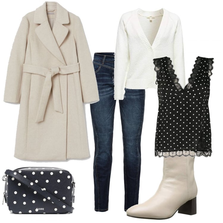 Outfit donna - Pois mania. Stile Bon Ton per Ufficio. Abbinamento con jeans boyfriend, canottiere, borse a tracolla, cappotti, cardigans, stivaletti.