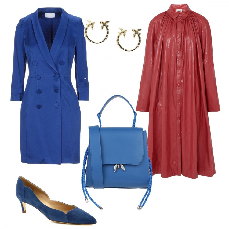 Outfit donna - Donna in blu e rosso. Stile Chic per Serata fuori. Abbinamento con vestiti corti, cappotti, borse a mano, jeans, orecchini.