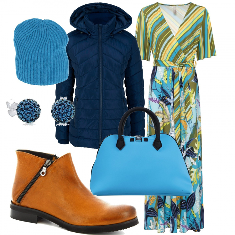 Outfit donna - Dolce. per Tutti i giorni. Abbinamento con giacche, vestiti lunghi, cappelli, borse a mano, stivaletti, orecchini.
