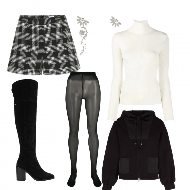 Outfit donna - Trendy #80069. Stile Trendy per Serata fuori. Abbinamento con collant, top, orecchini, stivali, felpe con cappuccio, shorts.