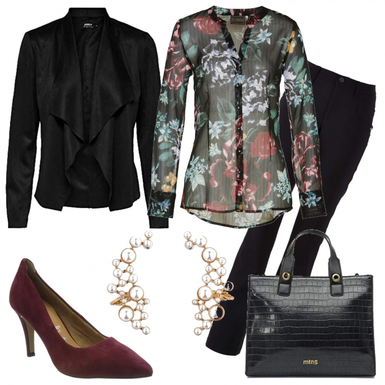 Outfit donna - La camicia romantica. Stile Bon Ton per Serata fuori. Abbinamento con pantaloni, camicie, orecchini, blazer, borse a mano, décolleté.