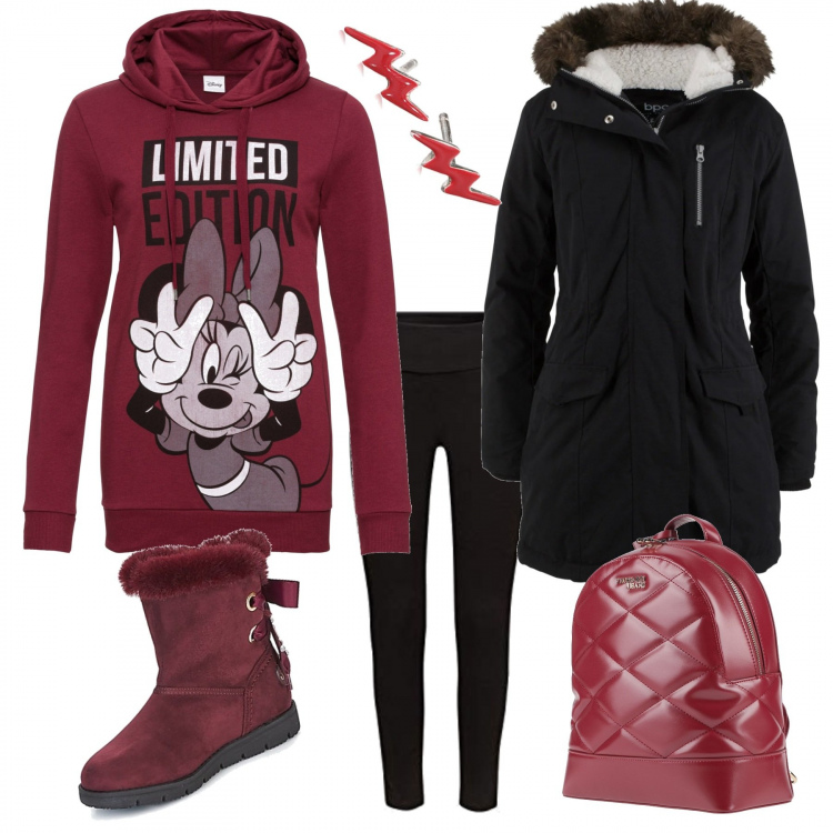 Outfit donna - Stay comfortable. Stile Basic per Tutti i giorni. Abbinamento con felpe con cappuccio, parka, zaini, stivaletti, jeggings, orecchini.