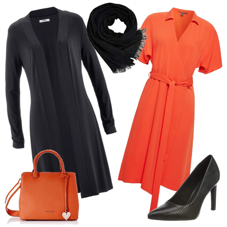 Outfit donna - Stile vitaminico. Stile Trendy per Ufficio. Abbinamento con cardigans, vestiti, scarpe col tacco, borse a tracolla, sciarpe.