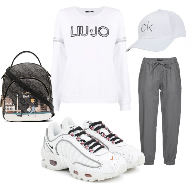 Outfit donna - Oggi sport. Stile Basic per Sport. Abbinamento con pantaloni, cappelli con visiera, felpe, zaini, sneakers.