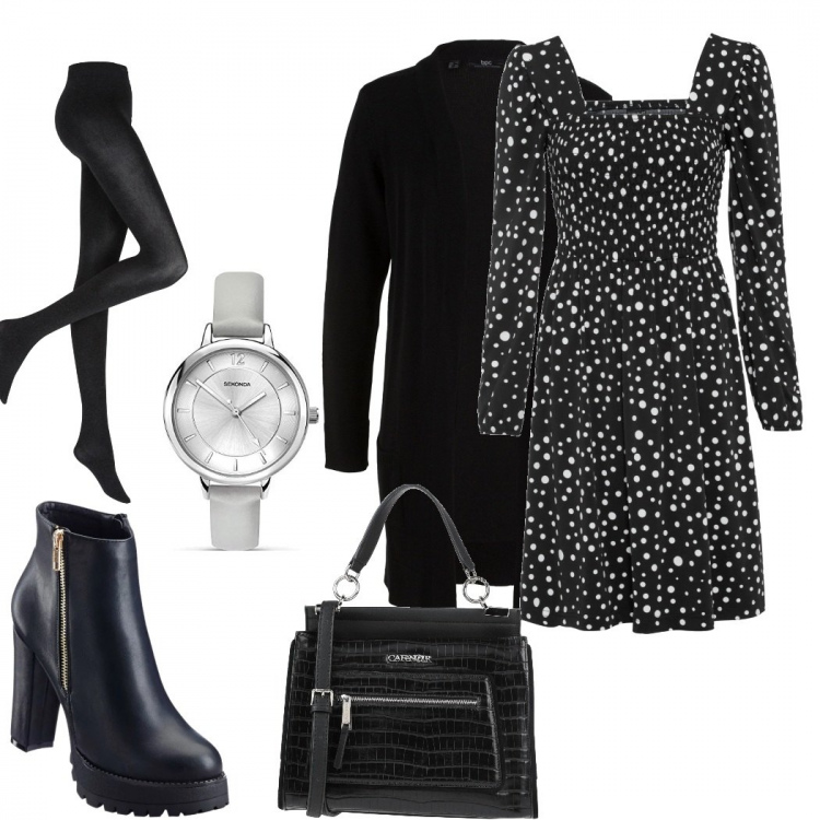 Outfit donna - Curvy a pois. Stile Urban per Ufficio. Abbinamento con cardigans, vestiti, stivaletti, collant, borse a mano, orologi.