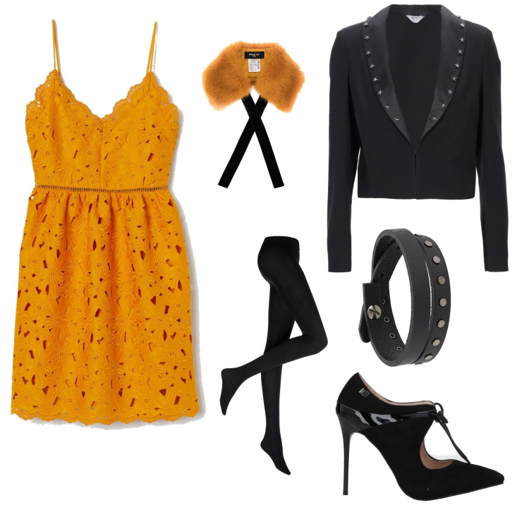 Outfit donna - Foliage aggressivo. Stile Urban per Serata fuori. Abbinamento con collant, blazer, stivaletti, braccialetti, ecopellicce, vestiti corti.