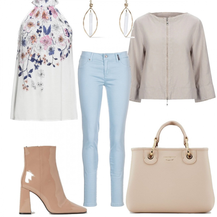 Outfit donna - Sunday morning. Stile Bon Ton per Tutti i giorni. Abbinamento con top, blazer, orecchini, jeans skinny, stivaletti, shopping bag.