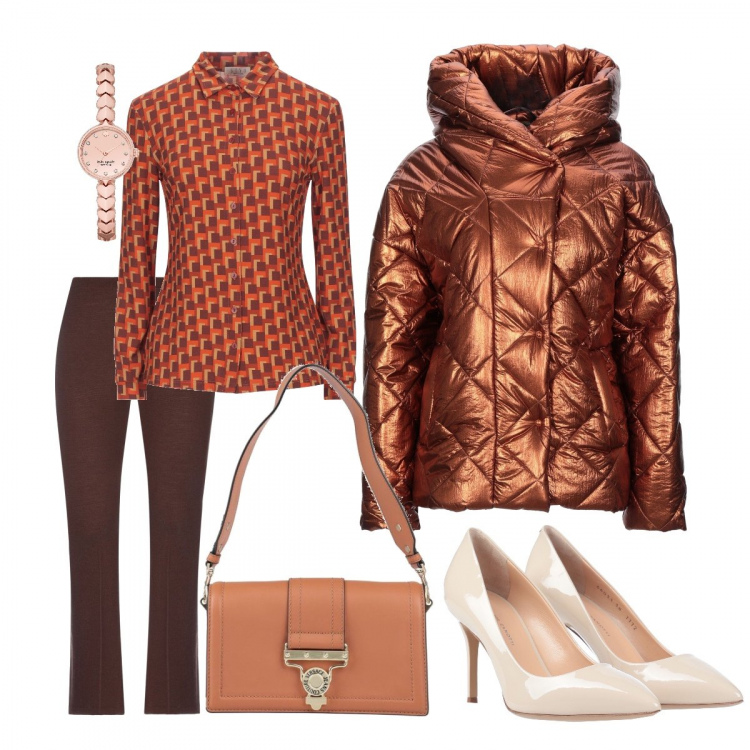 Outfit donna - Tinta unita. Stile Trendy per Ufficio. Abbinamento con piumini, camicie, borse a mano, décolleté, orologi, pantaloni.