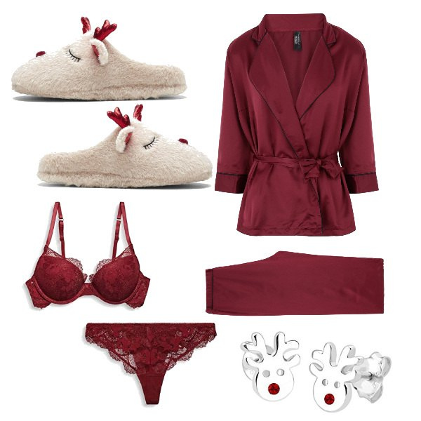 Outfit donna - Serata a casa divano e tv. Stile Trendy per Tutti i giorni. Abbinamento con pantofole, pigiama, orecchini, reggiseni, perizomi.
