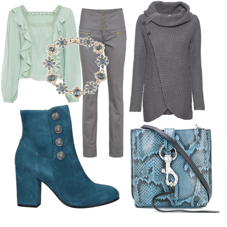 Outfit donna - Acquamarina. per Tutti i giorni. Abbinamento con maglieria, pantaloni, bluse, stivaletti, ciondoli, borse a tracolla.
