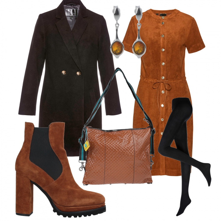 Outfit donna - Castagnawoman. per Tutti i giorni. Abbinamento con collant, vestiti, cappotti, stivaletti, borse a spalla, orecchini.