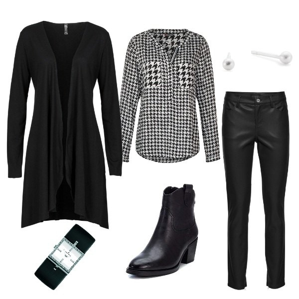 Outfit donna - 50 Rock. Stile Rock per Tutti i giorni. Abbinamento con cardigans, pantaloni, camicie, stivaletti, orecchini, orologi.