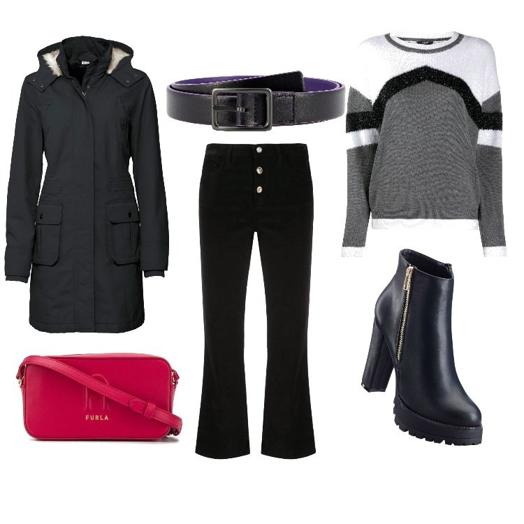 Outfit donna - Body shape triangolo. Stile Urban per Tutti i giorni. Abbinamento con parka, stivaletti, cinture, pantaloni a palazzo, maglioni, borse a tracolla.