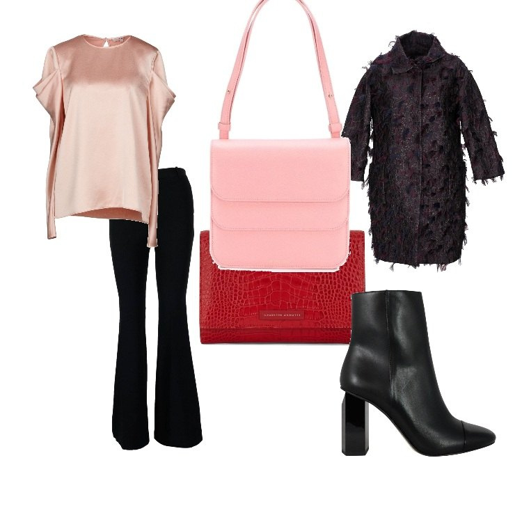 Outfit donna - Originale con stile. Stile Trendy per Serata fuori. Abbinamento con bluse, cappotti, clutch, borse a spalla, pantaloni, stivaletti.